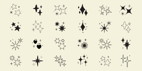 Collection of black star and sparkle icons. Stars and sparkles in various shapes. Star icons and sparkle designs on a grid. Decorative star and sparkle set. Element vector set.