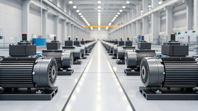 Industrial Electric Motors in Modern Factory Setting with Bright Lighting and Clean Lines