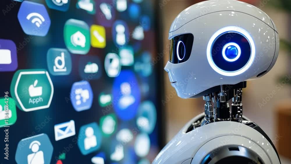 Poster friendly robot character interacting with colorful digital icons and applications, representing tech