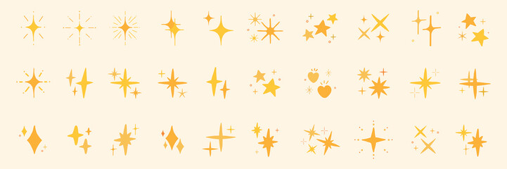 Obraz premium Collection of 30 golden star and sparkle icons. Stars and sparkles in various shapes. Golden icons perfect for decoration. Sparkling star designs for creative use. Element vector set.
