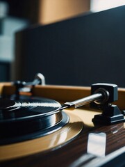 Close-up of a vinyl record playing on a turntable