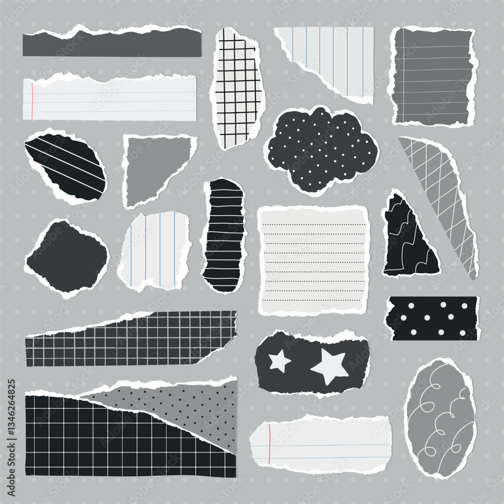 Poster a collection of torn paper pieces with various patterns, including grid, polka dots, and lines. torn