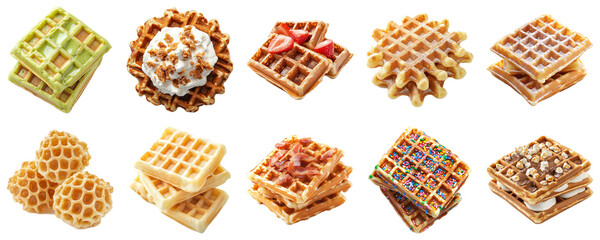 Assorted Waffles with Toppings and Textures in Various Shapes and Flavors Ideal for Breakfast or Dessert Creations in Vibrant Colors and Varied Styles. Piquant food set.