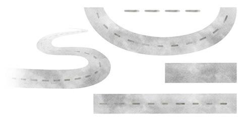 Watercolor asphalt road for cars. Part of the highway, wavy path going into perspective. Hand drawn clip art illustrations on isolated background for landscape design compositions postcards, tableware