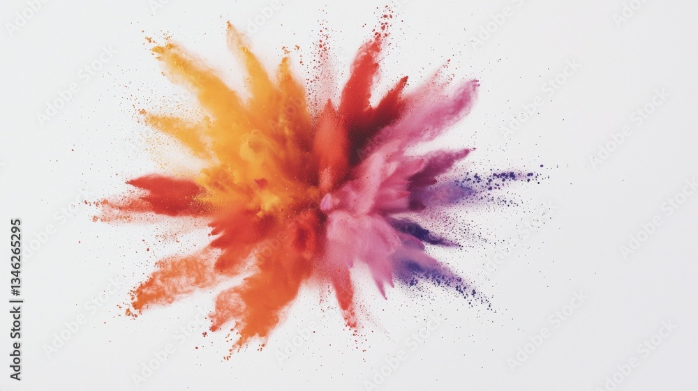 Poster colorful splash powder holi explosion dispersing across white surface, generating vibrant, dynamic d