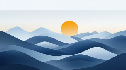 Blue Mountain Sunrise Landscape with Minimalist Design.