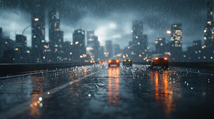 Rainy Cityscape at Night:  Cars Drive Through a City Under Heavy Rainfall