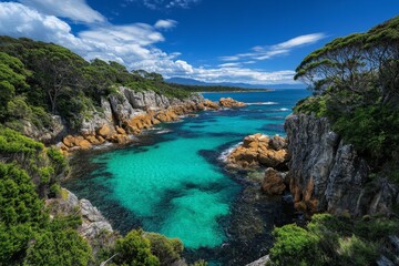 A breathtaking view of the Bay of Fires, with its famous bright orange lichen-covered rocks contrasting against turquoise waters