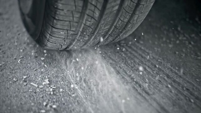 SLO MO TS Car tire sliding on asphalt road as the car suddenly breaks