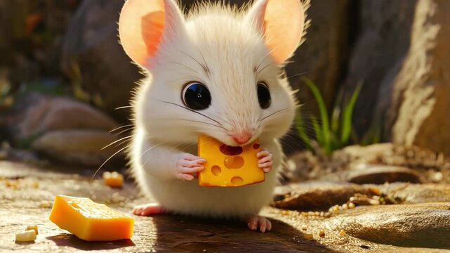 Adorable small mouse with oversized ears happily munching on a piece of cheese in a vibrant natural setting filled with colorful rocks and greenery