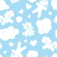 Seamless pattern with cute cartoon curly white clouds and fun unicorns and birds on blue. Vector background.