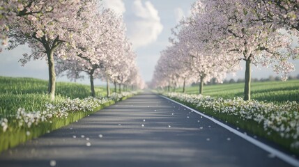 Fototapeta premium Serene Springtime Drive: Blossoming Cherry Trees Line a Country Road