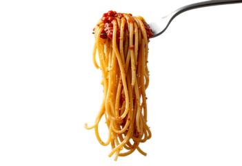 Savory spaghetti with bolognese sauce hanging on fork isolated on white background – ideal for food and culinary themes