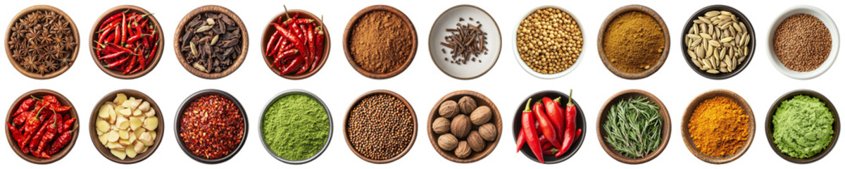 Colorful Array of Spices and Herbs in Various Bowls Highlighting Culinary Diversity in Food...