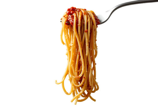 Savory spaghetti with bolognese sauce hanging on fork isolated on white background &ndash; ideal for food and culinary themes