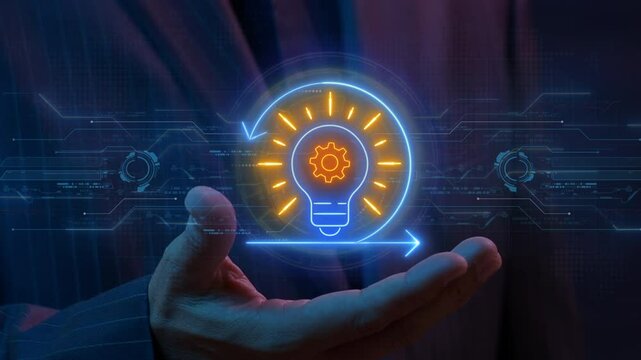 Strategic innovation concept, systematic process for developing and implementing new ideas and products that help an organization grow and compete. Agile innovation icon on virtual screen.