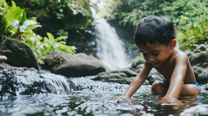 Fototapeta premium Indonesia child - Waterfall Play: Frame the child near smaller, safe waterfalls like Tegenungan, capturing moments of wonder as they admire the cascading water.