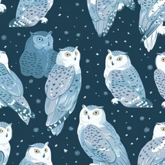 Snowy Owl Seamless Pattern on Dark Blue