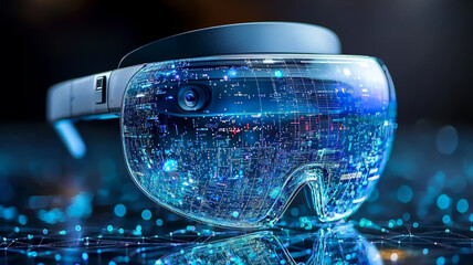 AR glasses, overlaying digital information onto the real world, futuristic cityscape background