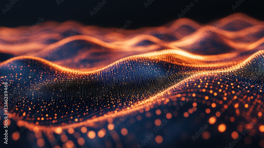 Poster abstract light waves with glowing particles in dark background