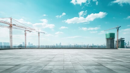 Obraz premium Empty rooftop plaza with construction cranes and city view, architectural backdrop