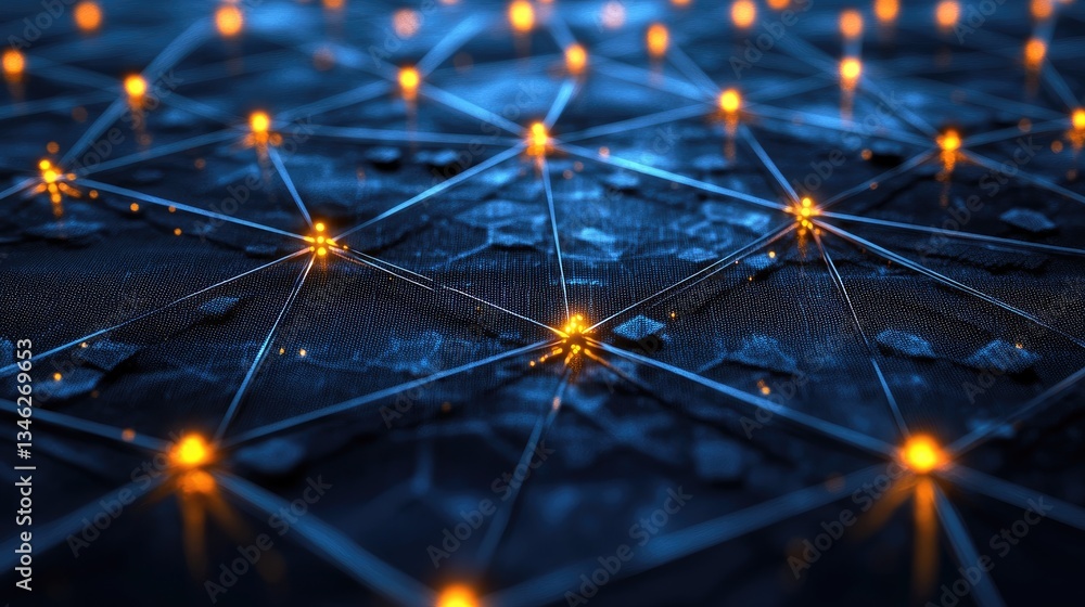 Poster abstract network with glowing nodes on dark surface background