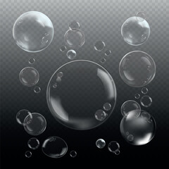 Transparent soap bubbles floating on a checkered background. Bubbles vary in size, creating a playful, airy effect. Soap bubbles on a clear backdrop. Soap bubble element vector set.