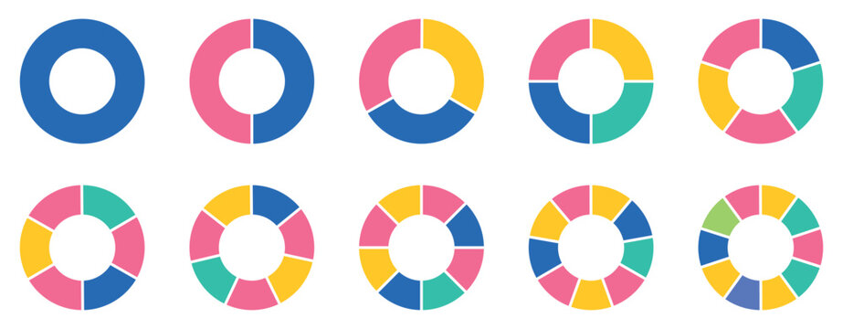 Pie chart set, colored segmented circle icons, pie chart divided equal parts, ring percentage wheel, circle diagram with sections or parts, Vector illustration
