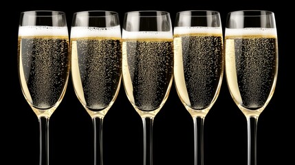 Five elegant champagne flutes filled with bubbly drink against a dark background, celebrating joy