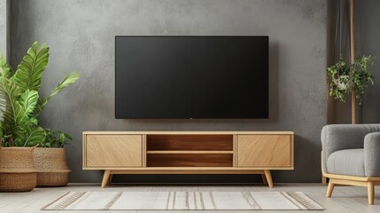 A minimalist home with a small -seater sofa and a functional TV stand positioned for easy viewing