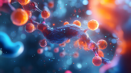 Dynamic molecular structure with glowing spheres and blue background