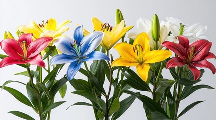 Obraz premium Colorful lilies in bloom: red, blue, yellow, and white flowers arrangement