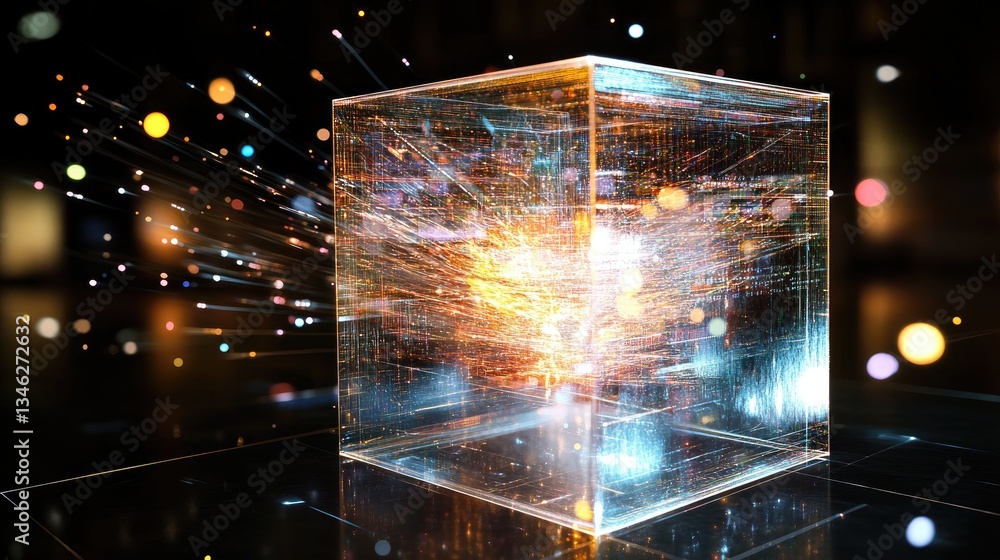 Poster abstract sparkling cube with colorful light effects and glowing particles