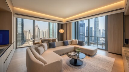 Obraz premium A modern apartment living room showcasing an L-shaped sofa in an optimally spaced setting