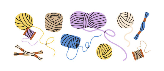 Yarn ball, thread spool, string clew, rope skein, reels set. Craft supplies, handicraft tools for sewing, knitting, crocheting and embroidery. Flat vector illustration isolated on white background