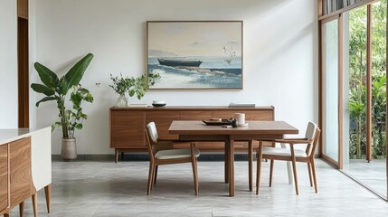 A modern dining space featuring a storage cabinet with an extendable table
