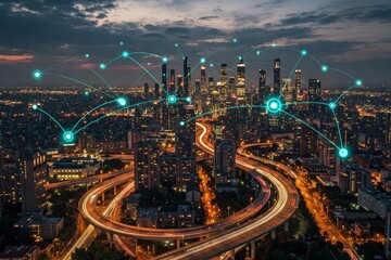 Obraz premium A Connected City Showing Technology And Transportation Flow
