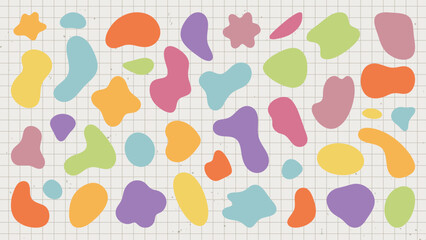 Colorful abstract shapes on a grid background. Shapes in pink, blue, yellow, green. Abstract design with colorful, playful shapes. Grid and shapes create a vibrant look. Pastel shapes, vector set.
