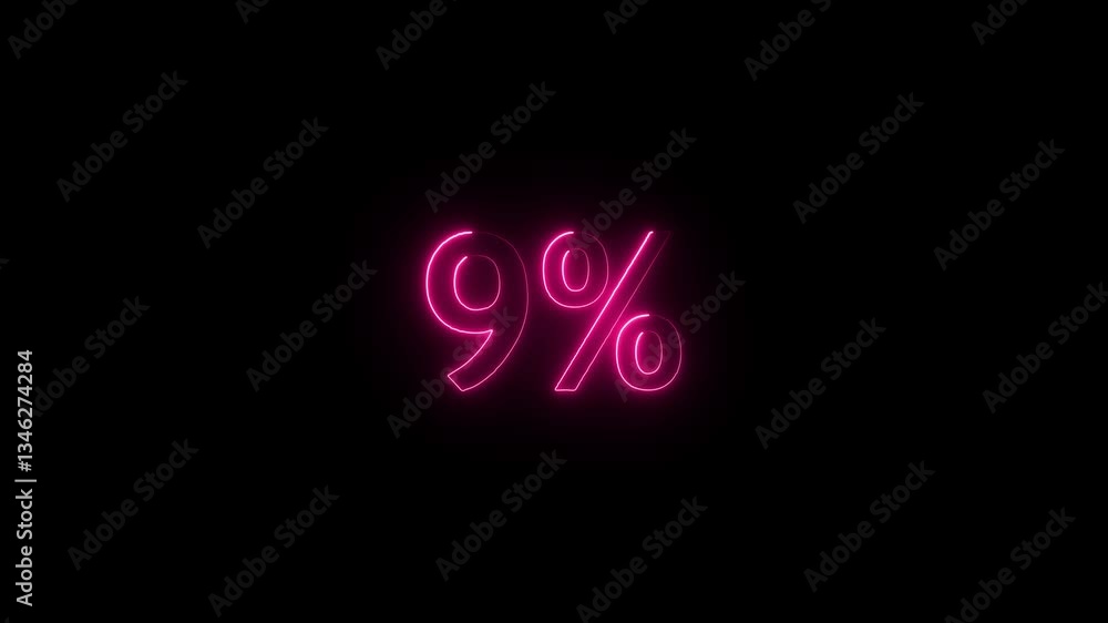 Poster neon glowing 9 percent sign on black background. abstract 9% percent text neon animation.glowing neo