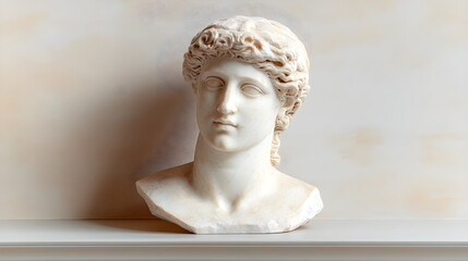 Portrait of antique plaster bust of androgenous marble female head with curly hair isolated on pastel beige textured background, copy space. Statue head, anatomical model. Ancient Greek Renaissance.