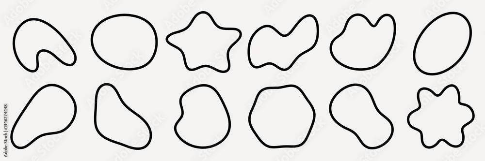 Poster abstract shapes in black outline on a white background. various abstract shapes, including stars and