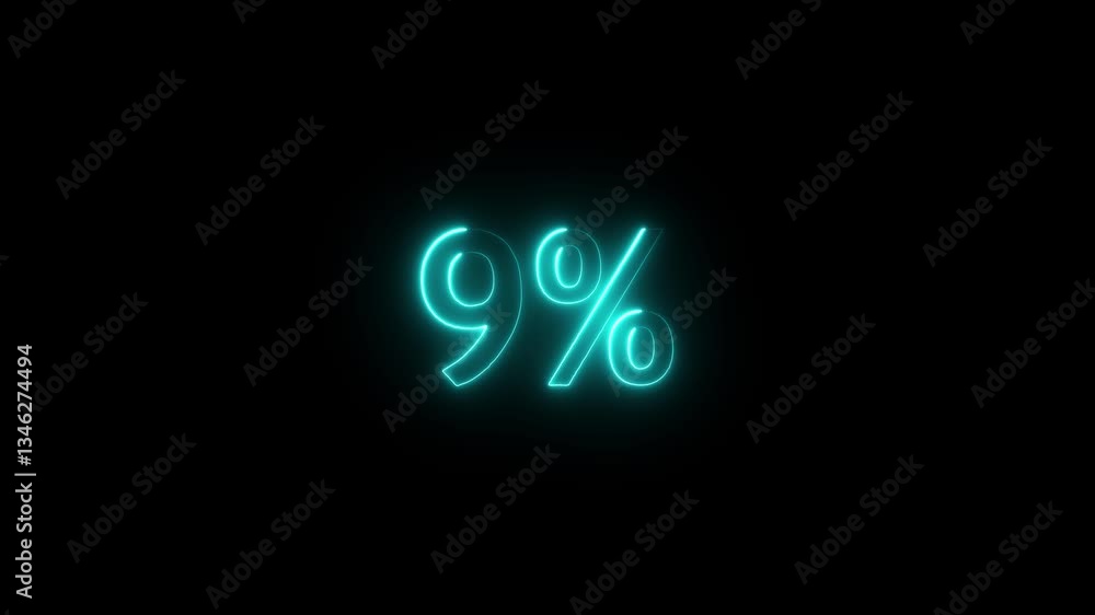 Poster neon glowing 9 percent sign on black background. abstract 9% percent text neon animation.glowing neo