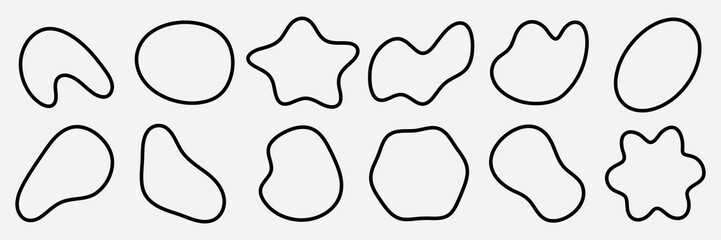 Abstract shapes in black outline on a white background. Various abstract shapes, including stars and ovals. Simple abstract shapes, minimalistic design. Black shape vector set.