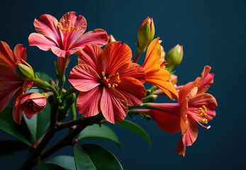Obraz premium Orange and Red Hibiscus Flowers with Green Foliage