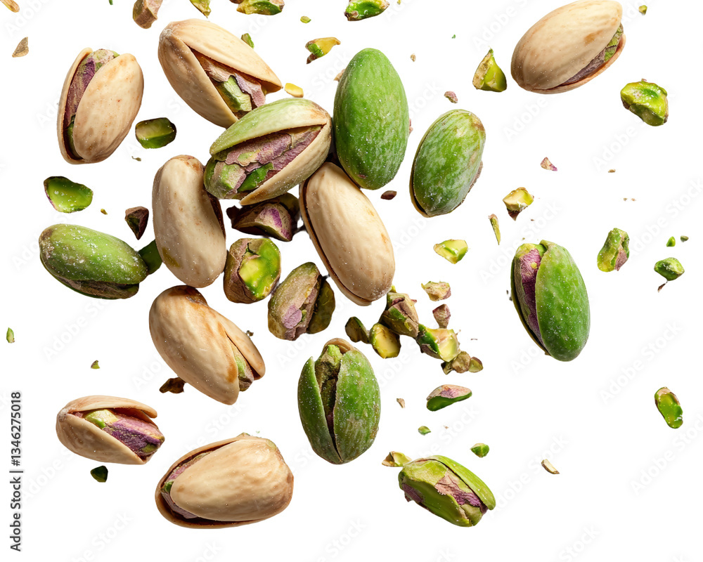 Poster Chopped pistachios are piled with their nutshell isolated on white, captured from a top view