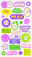 Colorful stickers with smiley faces, phrases like 'Girl Power', 'Me & U', 'Hello', and 'Thank You' Bright, playful, and positive designs Funky stickers, vector set