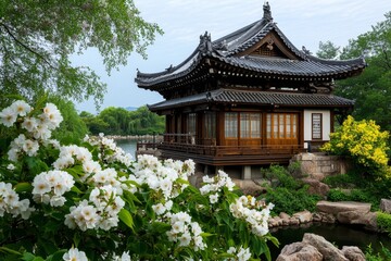Obraz premium A golden hour view of Osaka Castle, with sunlight reflecting on the moat and cherry blossoms in bloom