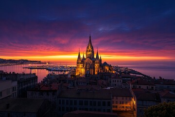 Obraz premium A golden sunrise over Marseille, with soft morning light touching the rooftops and the Old Port