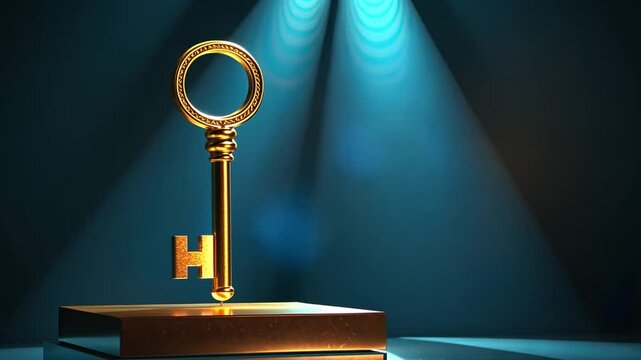 Elegant golden key with initial "H" on illuminated pedestal against dark backdrop, symbolizing opportunity, mystery, or access to hidden treasures and success