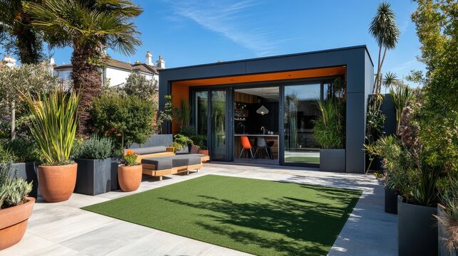 A modern outdoor seating area on artificial grass surrounded by potted plants